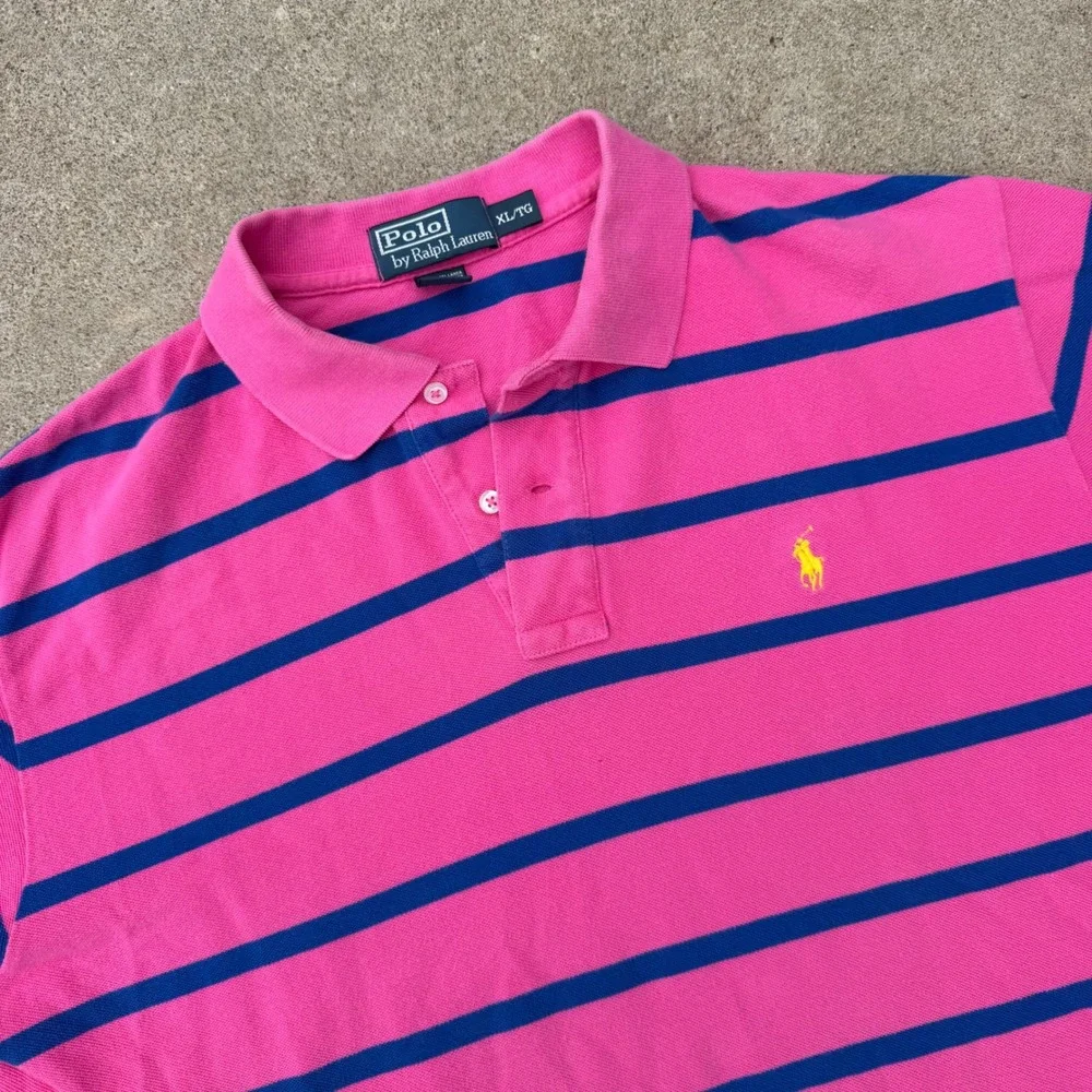 Polo Ralph Lauren Polo Shirt Mens XL Pink Blue Striped Cotton Preppy Classic